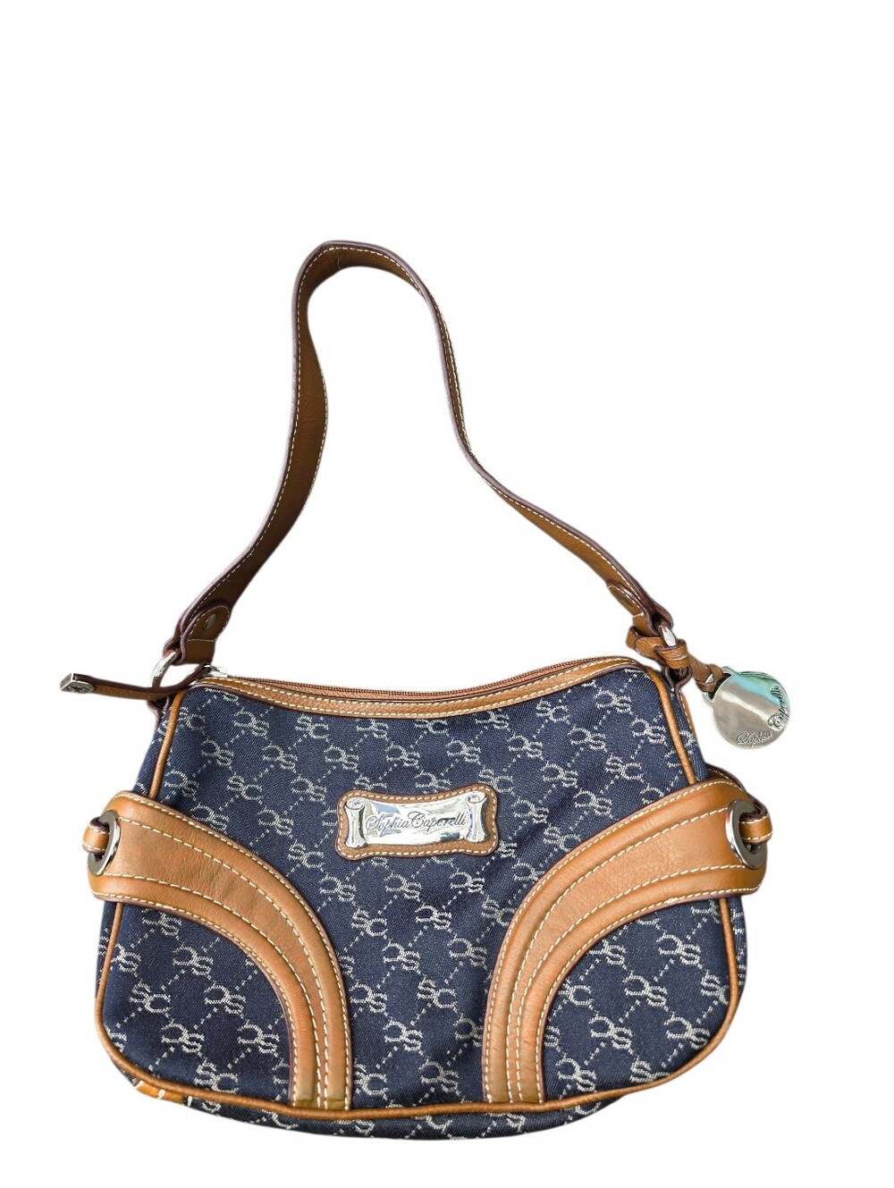 Sophia Caperelli Monogram Shoulder Bag Navy Denim & Tan Leather Trim Y2K